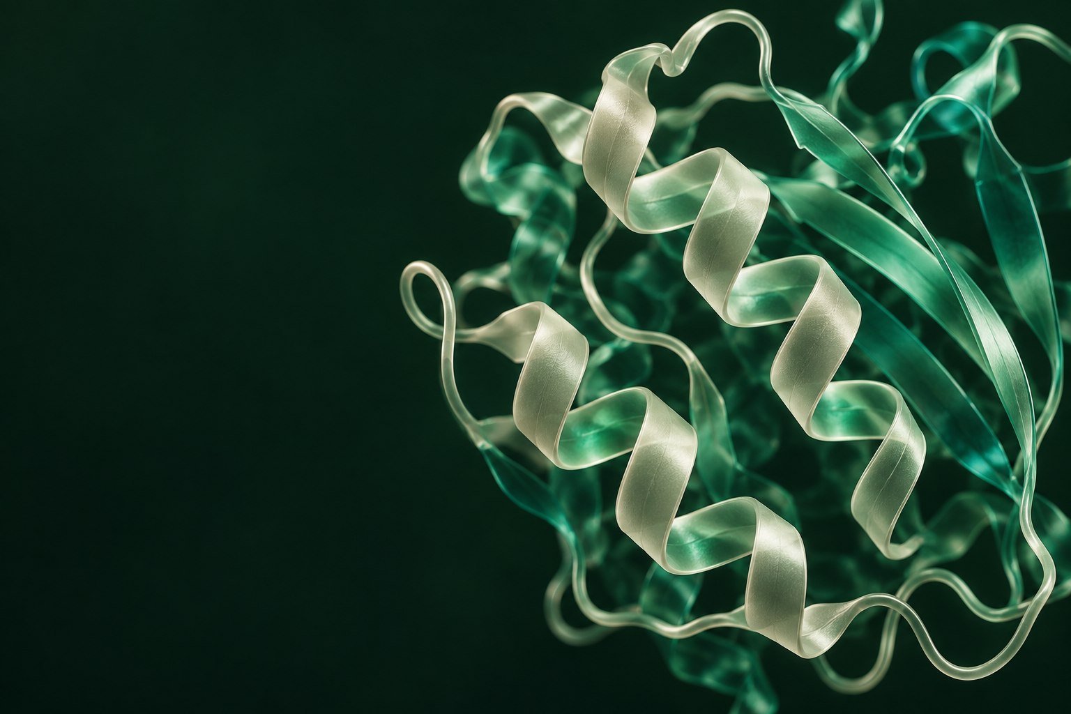 Conceptual folded protein ribbon in ivory and emerald